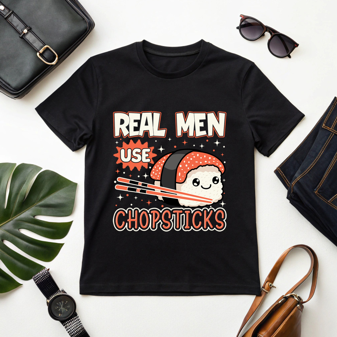 Funny Sushi Graphic Design – "Real Men Use Chopsticks" with Cute Nigiri and Chopsticks Sushi graphic design cover image.