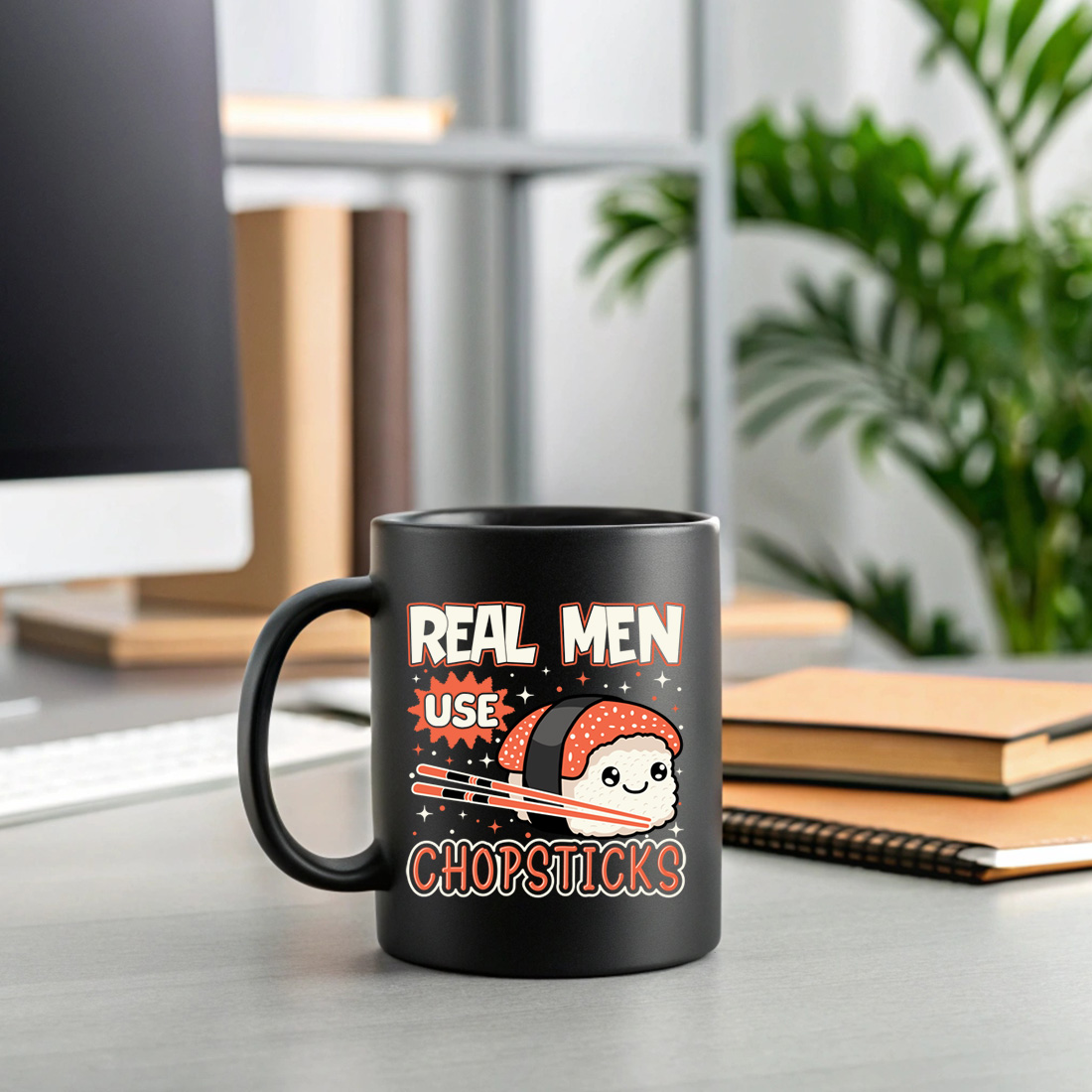 funny sushi graphic design – real men use chopsticks with cute nigiri and chopsticks. sushi graphic design. 2 black mug mock up 270