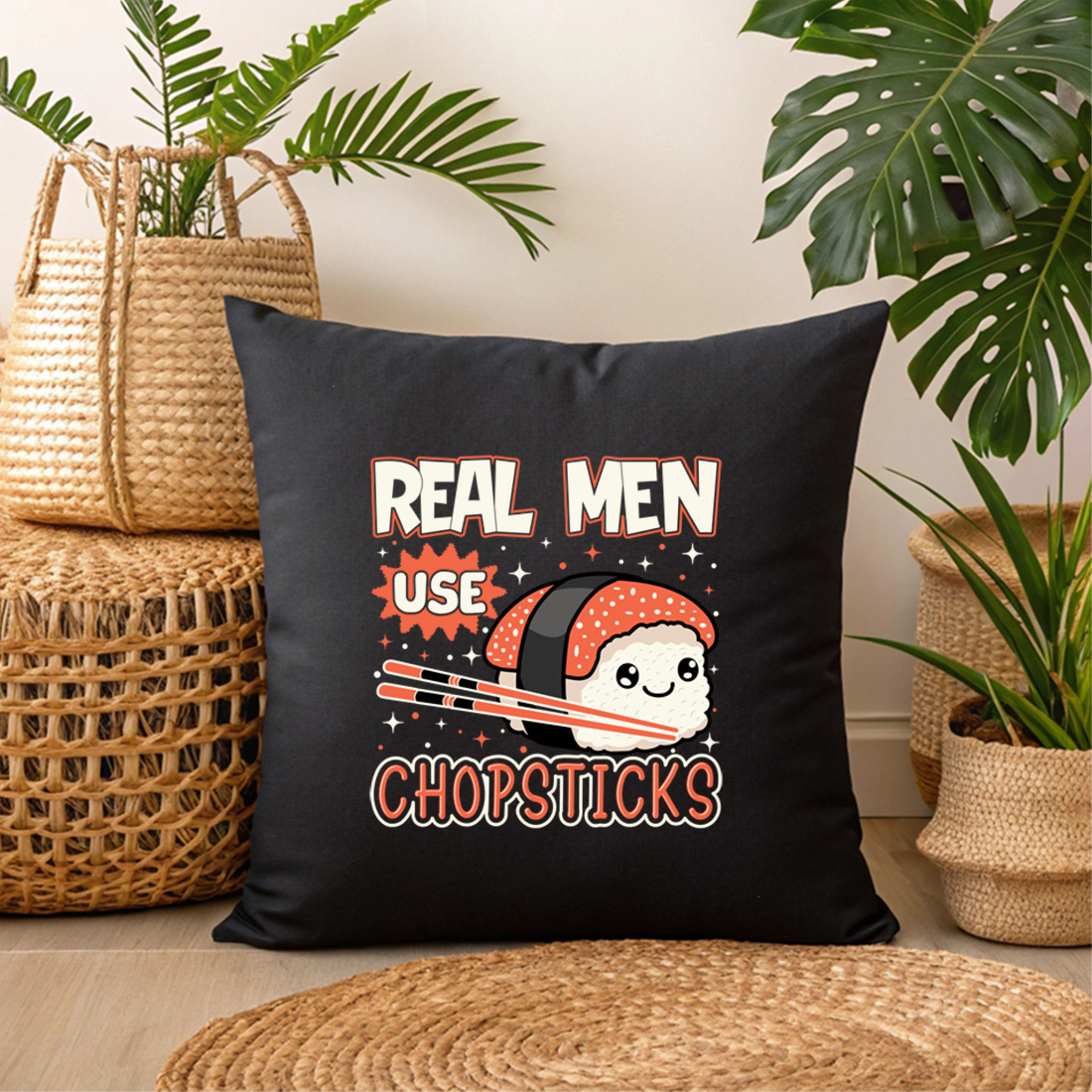 funny sushi graphic design – real men use chopsticks with cute nigiri and chopsticks. sushi graphic design. 3 black pillow mock up 383