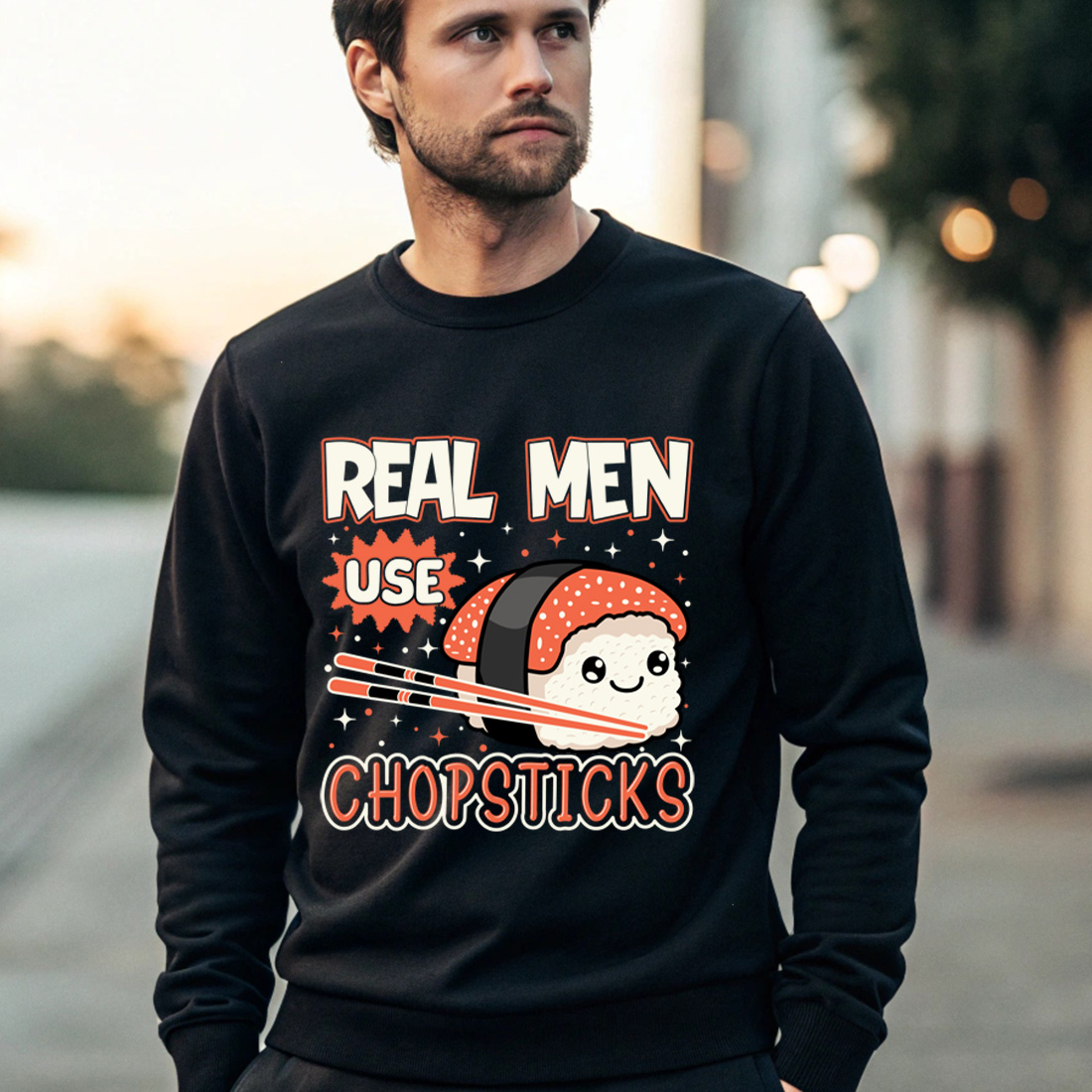 funny sushi graphic design – real men use chopsticks with cute nigiri and chopsticks. sushi graphic design. 4 black male sweatshirt mock up 880
