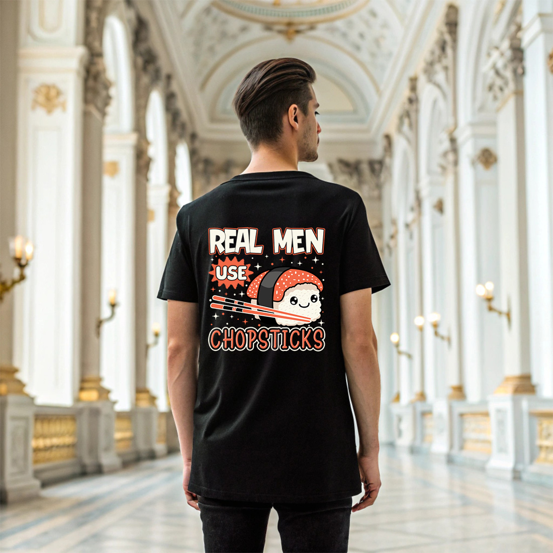 funny sushi graphic design – real men use chopsticks with cute nigiri and chopsticks. sushi graphic design. 6 black t shirt mock up 346