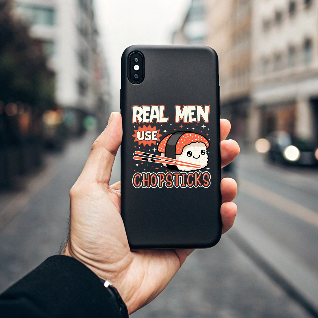 funny sushi graphic design – real men use chopsticks with cute nigiri and chopsticks. sushi graphic design. 7 black phone case mock up 744