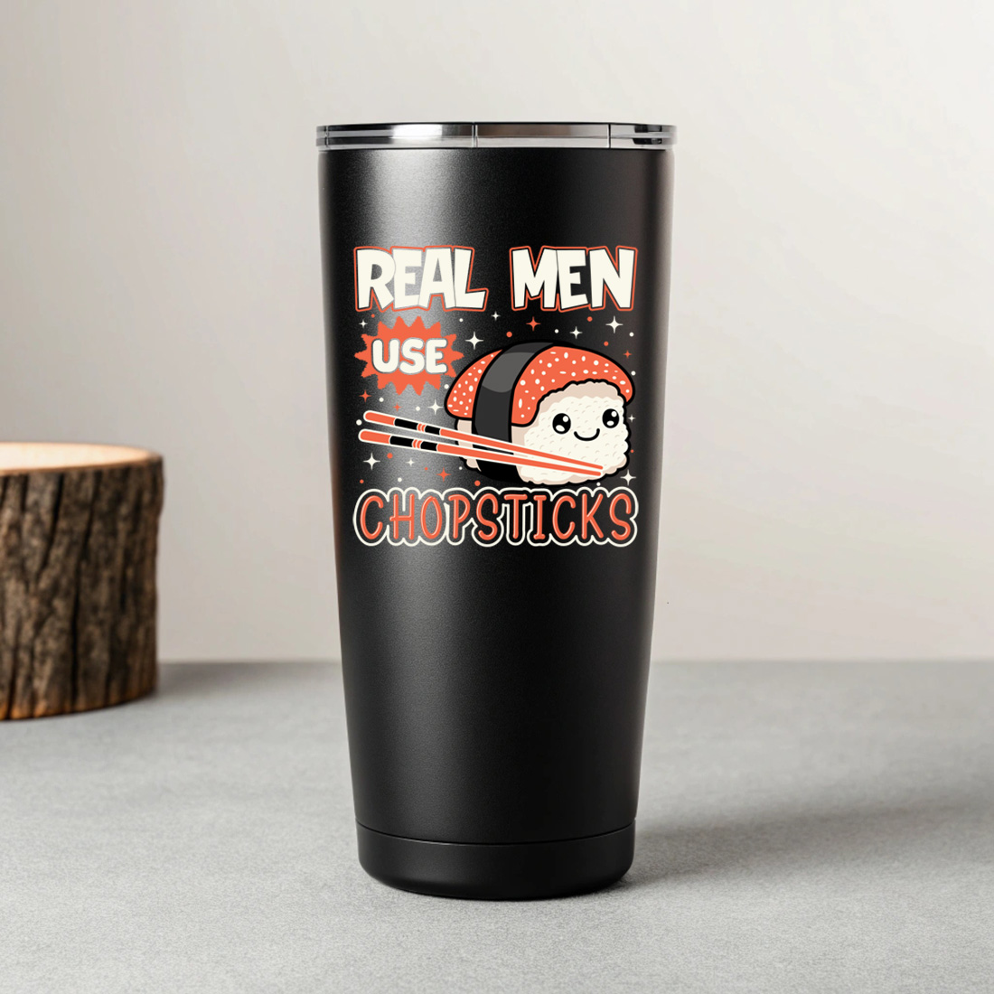 funny sushi graphic design – real men use chopsticks with cute nigiri and chopsticks. sushi graphic design. 8 black tumblers mockup 310