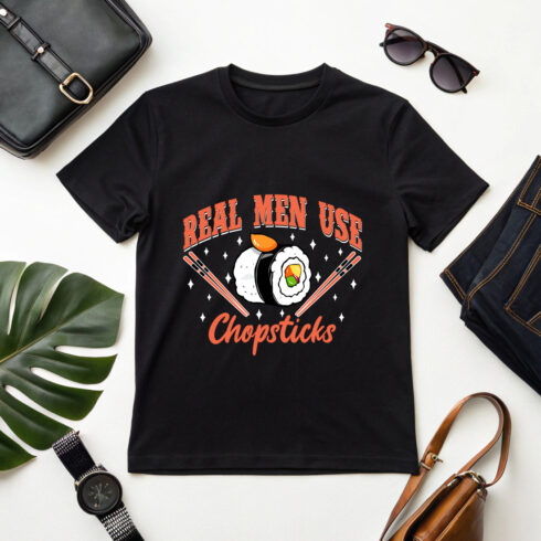 Funny Sushi Quote Graphic Design – "Real Men Use Chopsticks" with Cartoon Rolls and Chopsticks Graphic Design cover image.