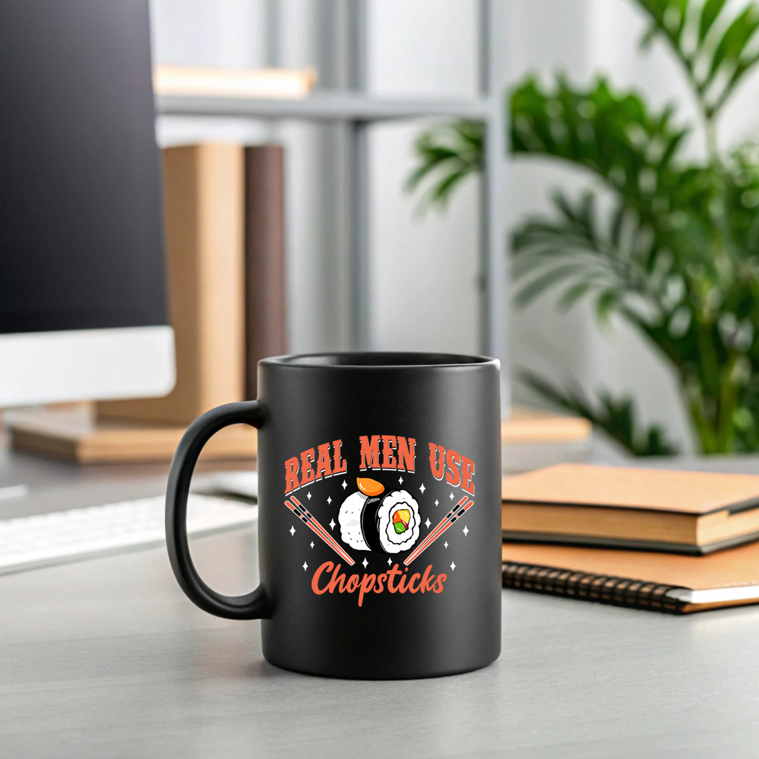 funny sushi quote graphic design – real men use chopsticks with cartoon rolls and chopsticks. graphic design. 2 black mug mock up 761