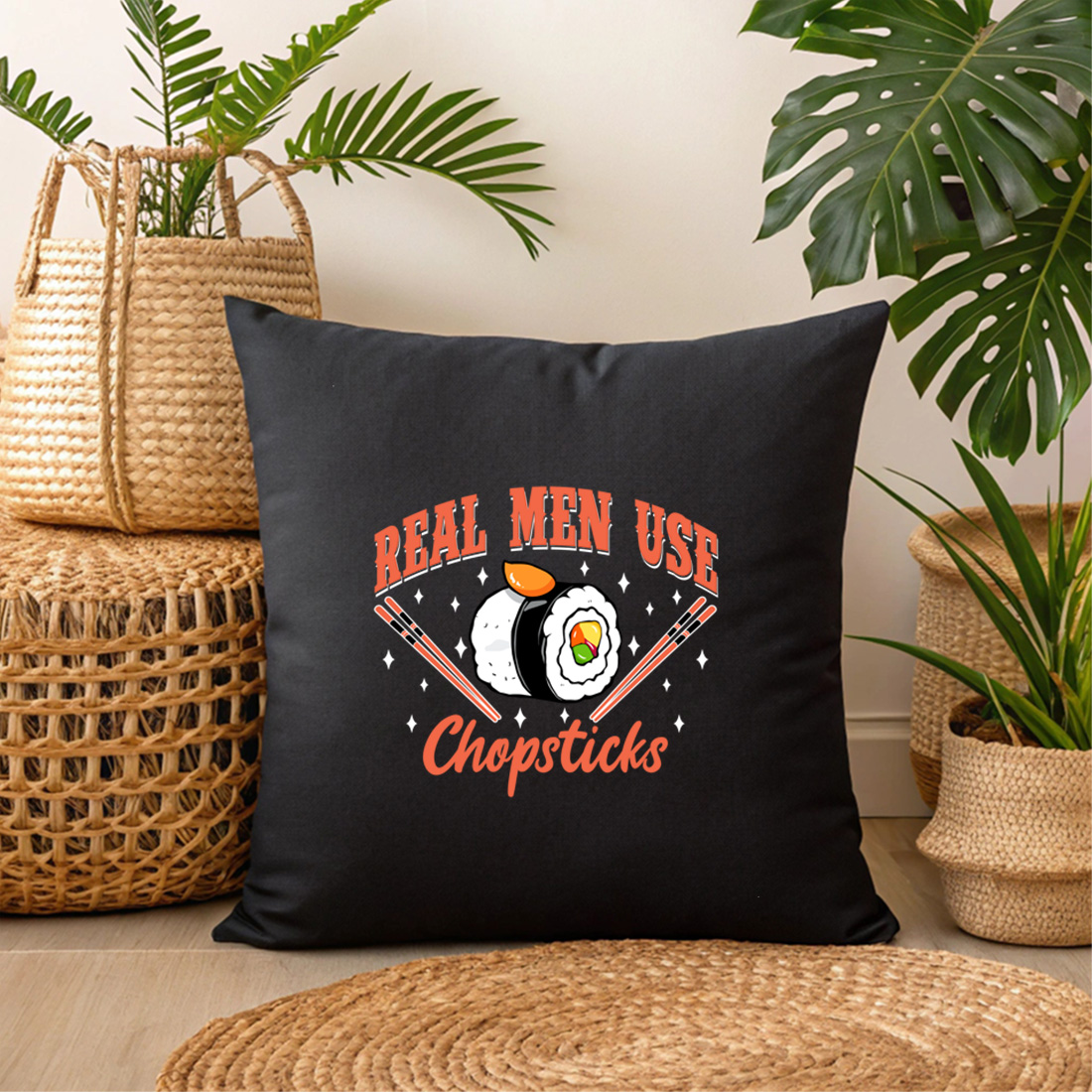 funny sushi quote graphic design – real men use chopsticks with cartoon rolls and chopsticks. graphic design. 3 black pillow mock up 988