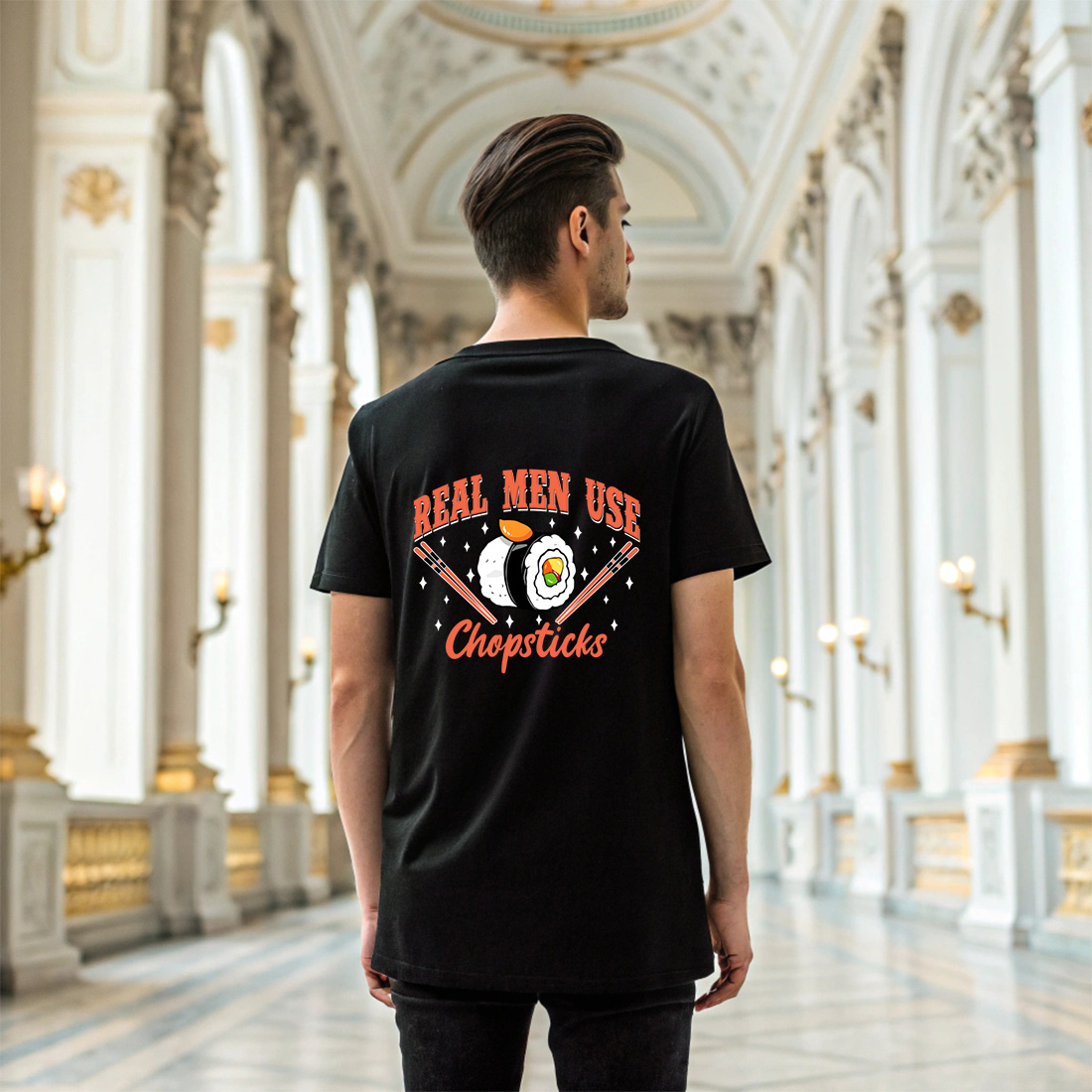funny sushi quote graphic design – real men use chopsticks with cartoon rolls and chopsticks. graphic design. 6 black t shirt mock up 199