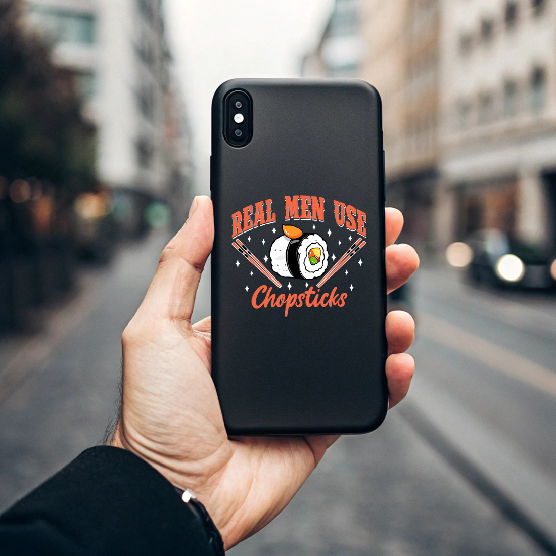 funny sushi quote graphic design – real men use chopsticks with cartoon rolls and chopsticks. graphic design. 7 black phone case mock up 405