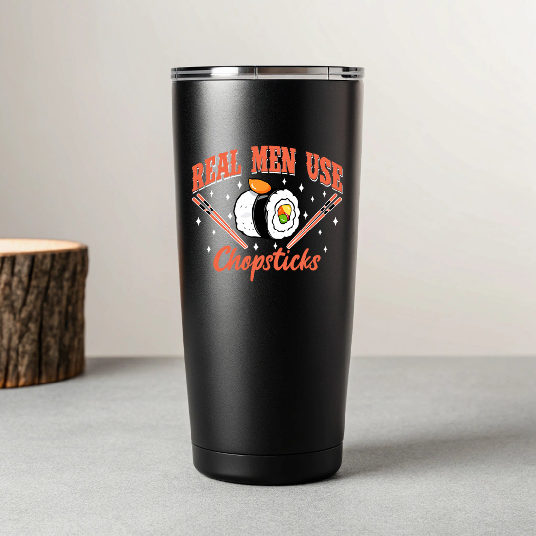 funny sushi quote graphic design – real men use chopsticks with cartoon rolls and chopsticks. graphic design. 8 black tumblers mockup 311