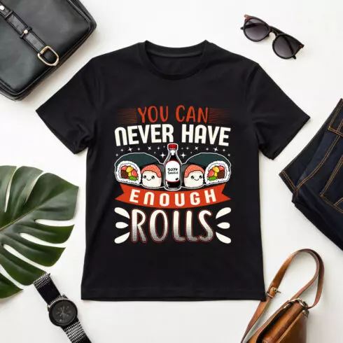 funny sushi roll graphic design with kawaii soy sauce and rolls sushi graphic design cover image.
