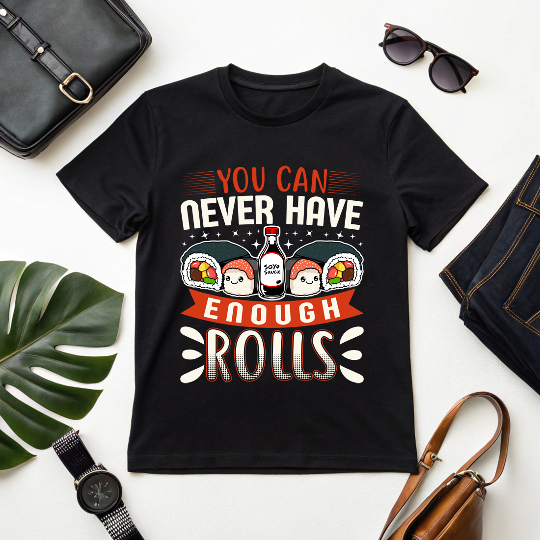 funny sushi roll graphic design with kawaii soy sauce and rolls sushi graphic design cover image.