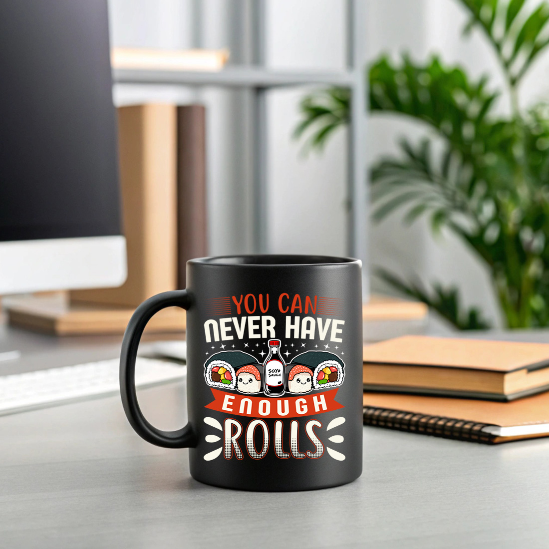 funny sushi roll graphic design with kawaii soy sauce and rolls. sushi graphic design. 2 black mug mock up 324