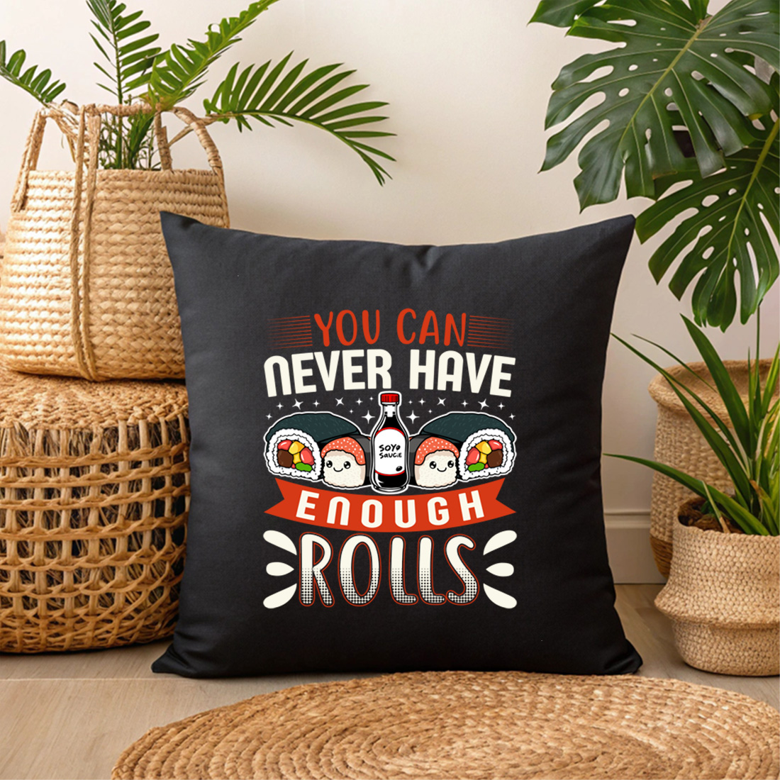 funny sushi roll graphic design with kawaii soy sauce and rolls. sushi graphic design. 3 black pillow mock up 441