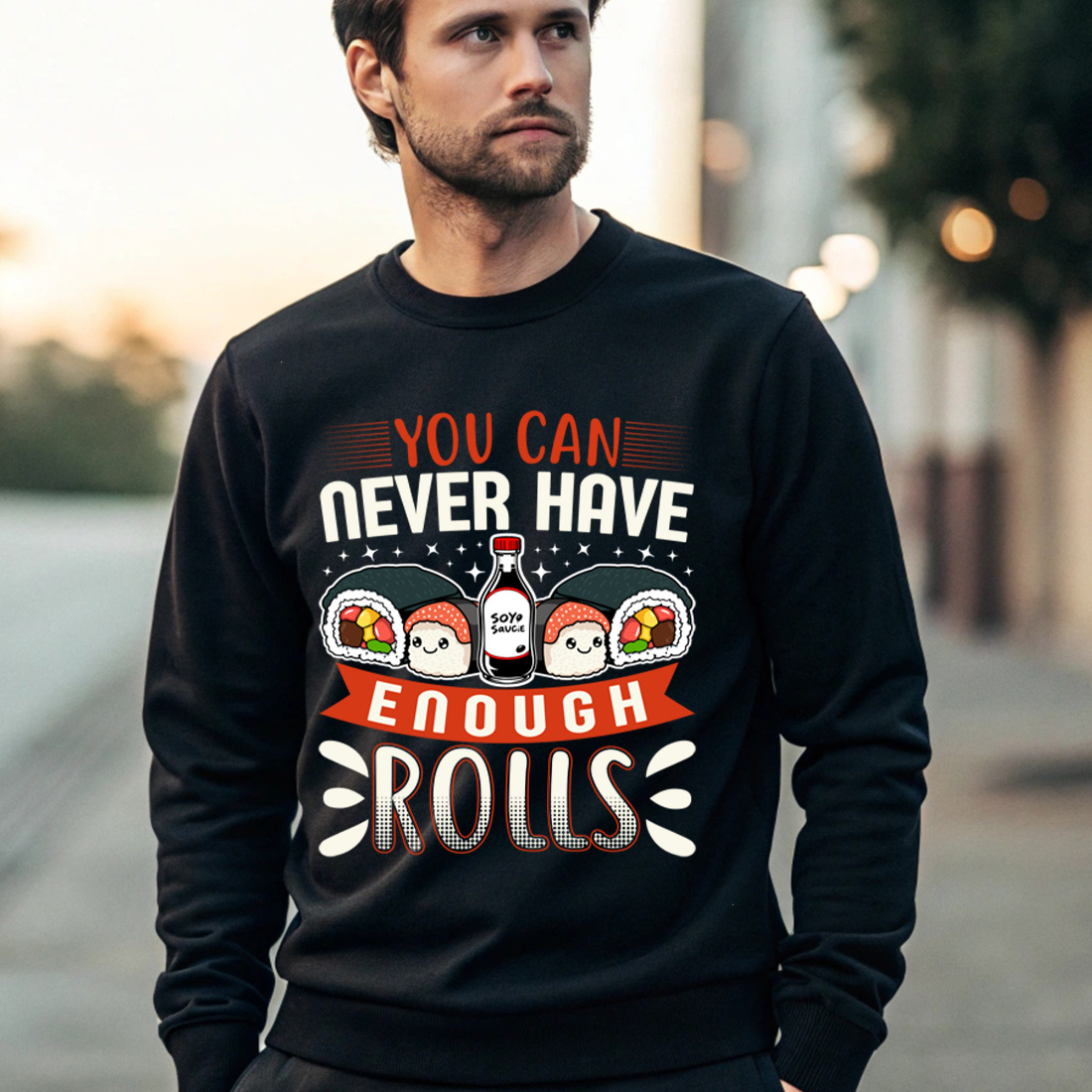 funny sushi roll graphic design with kawaii soy sauce and rolls. sushi graphic design. 4 black male sweatshirt mock up 259