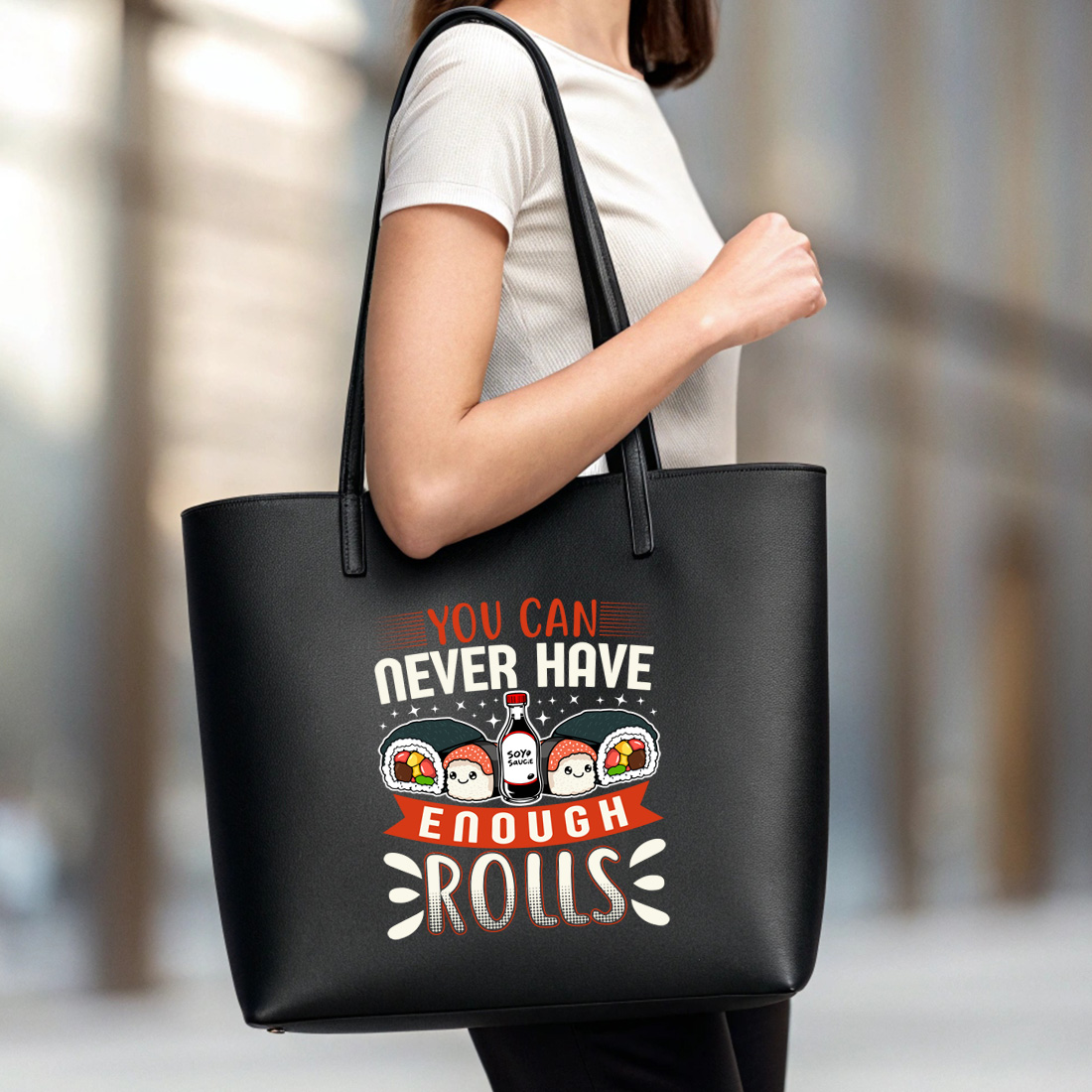 funny sushi roll graphic design with kawaii soy sauce and rolls. sushi graphic design. 5 black tote beg mock up 9