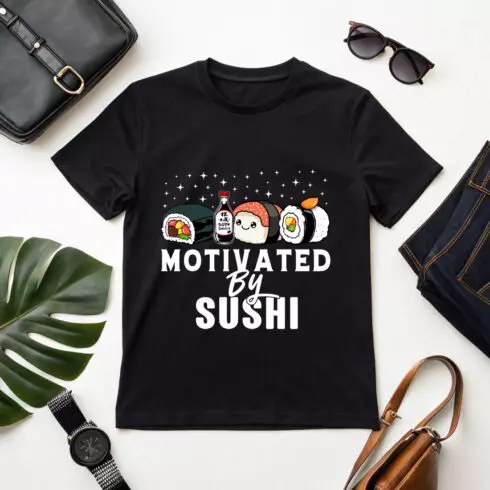 Funny Sushi Graphic Design – Motivated by Sushi with Cute Rolls and Soy Sauce Bottle cover image.