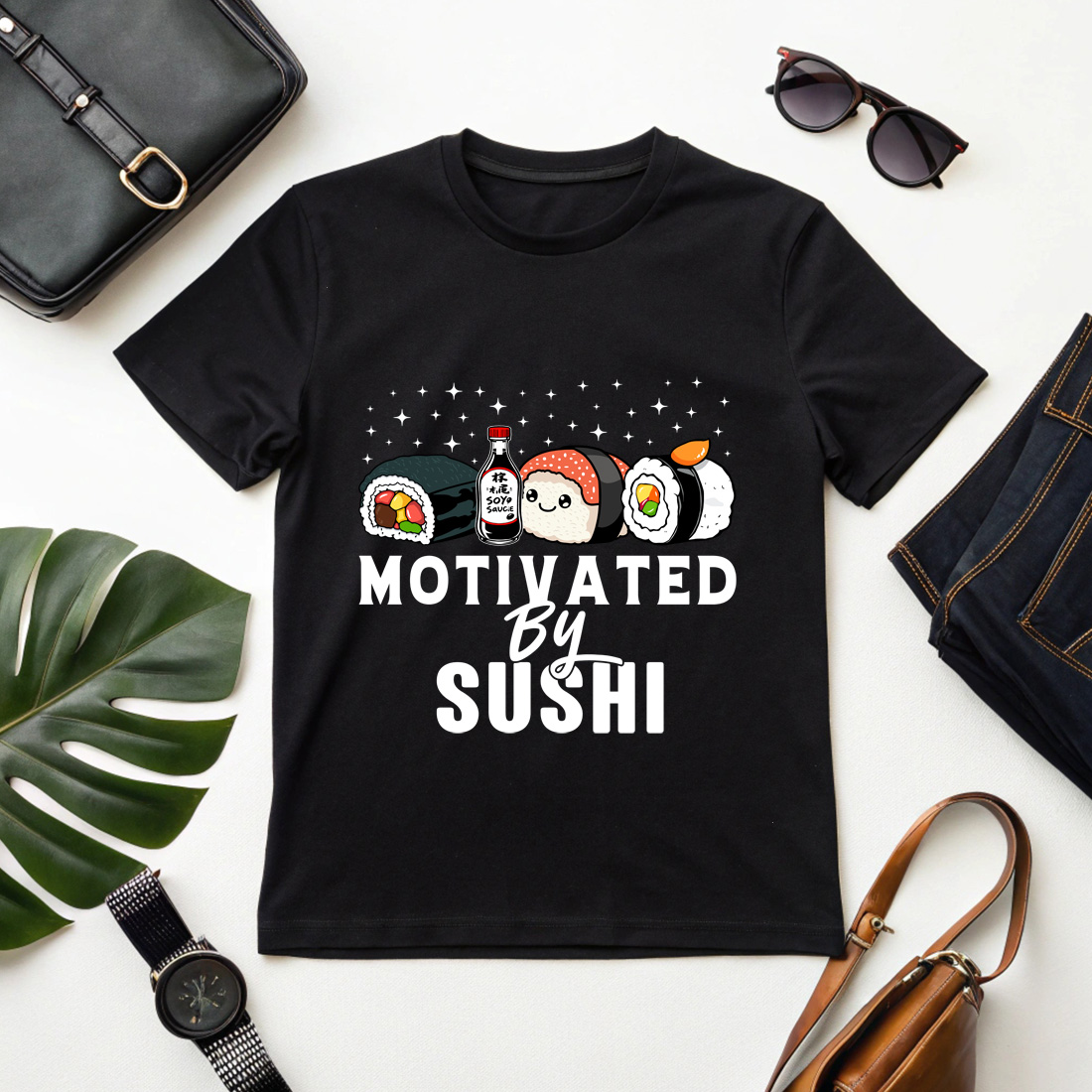 Funny Sushi Graphic Design – Motivated by Sushi with Cute Rolls and Soy Sauce Bottle cover image.
