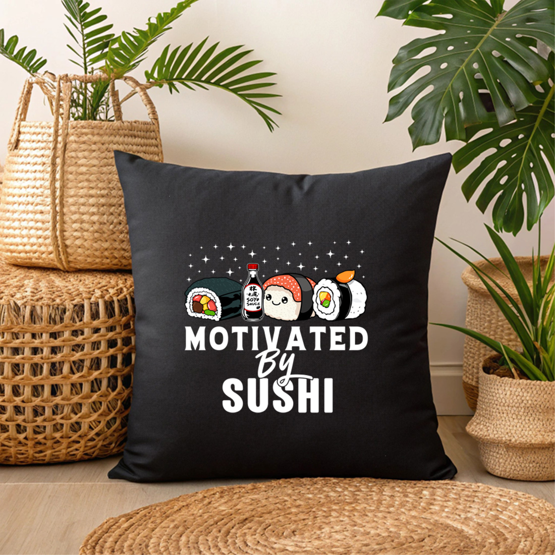 funny sushi t shirt design – motivated by sushi with cute rolls and soy sauce bottle 3 black pillow mock up 365