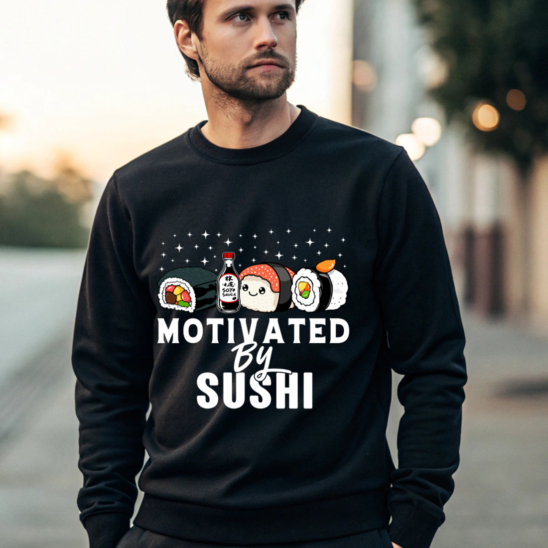 funny sushi t shirt design – motivated by sushi with cute rolls and soy sauce bottle 4 black male sweatshirt mock up 839