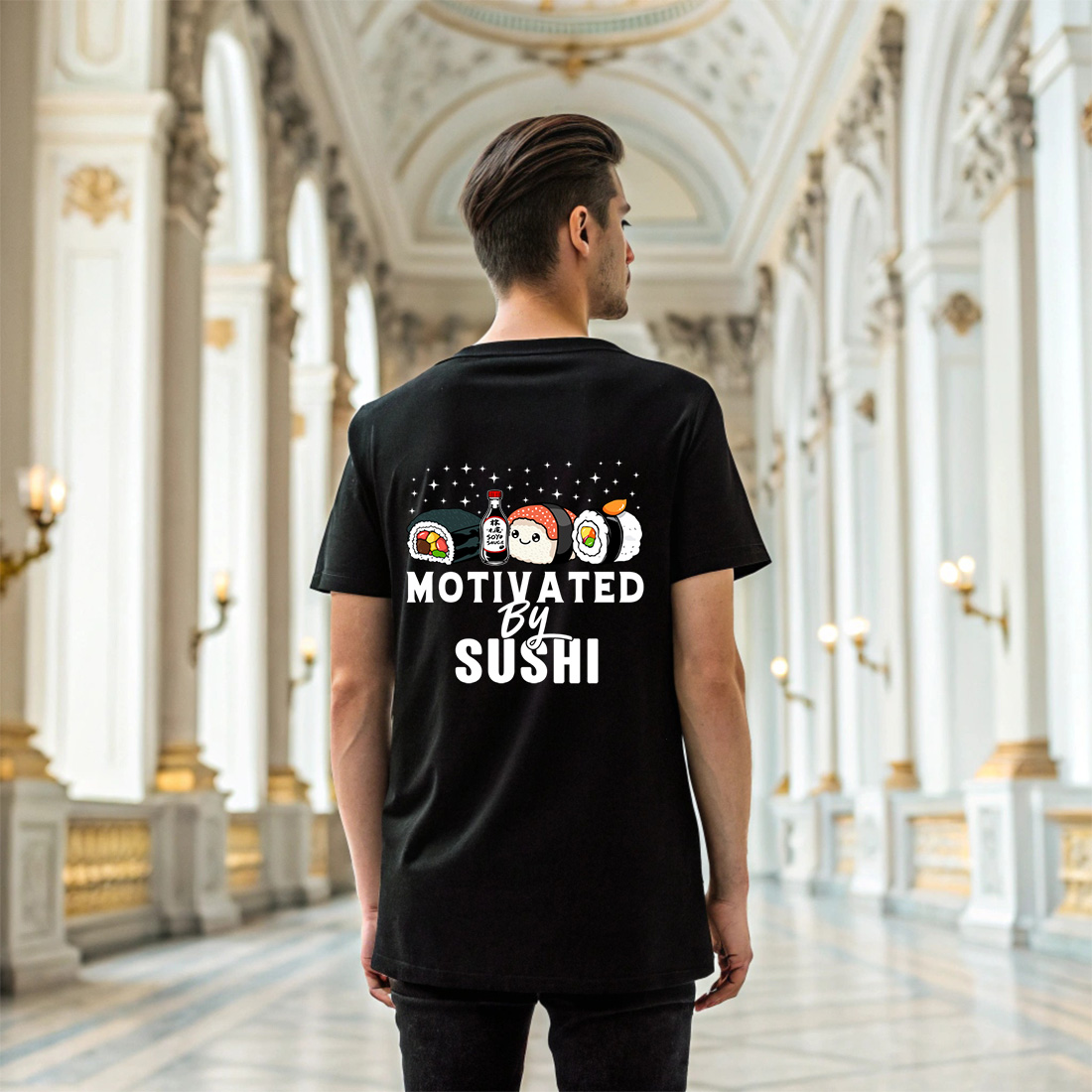 funny sushi t shirt design – motivated by sushi with cute rolls and soy sauce bottle 6 black t shirt mock up 41