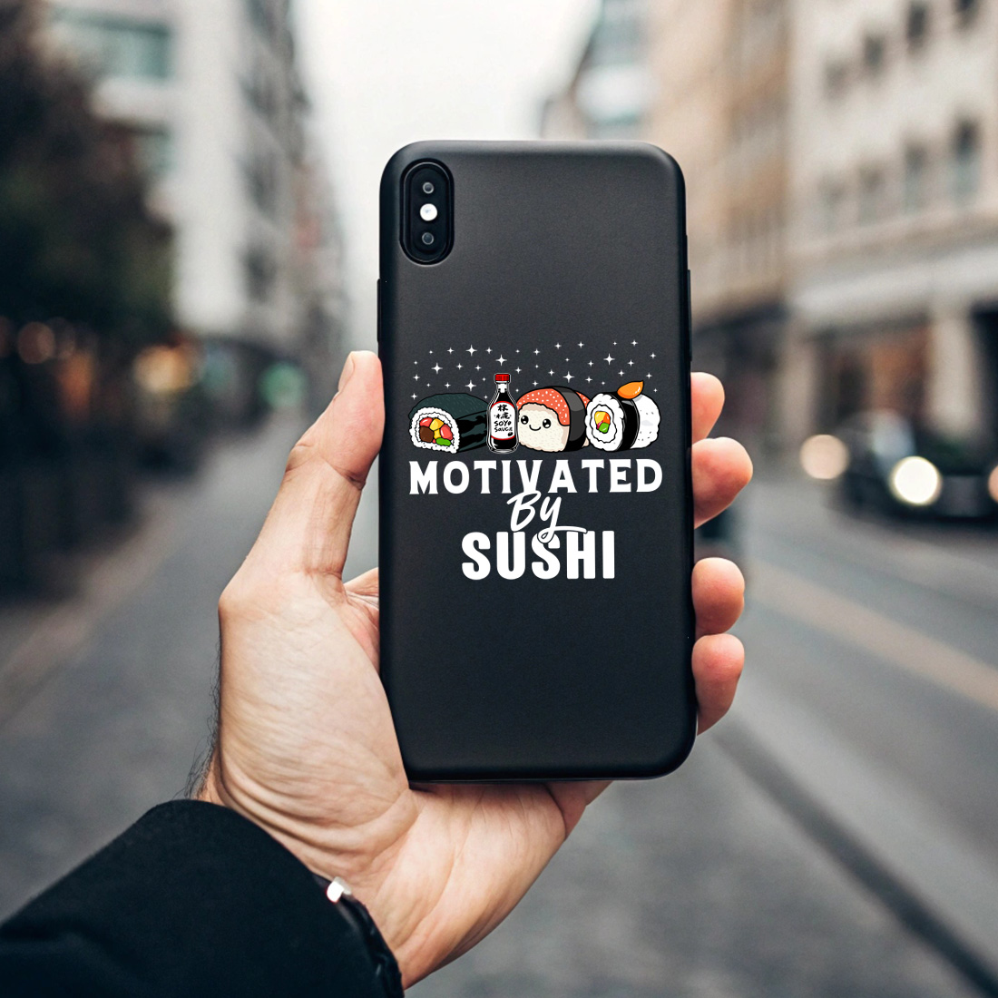 funny sushi t shirt design – motivated by sushi with cute rolls and soy sauce bottle 7 black phone case mock up 698