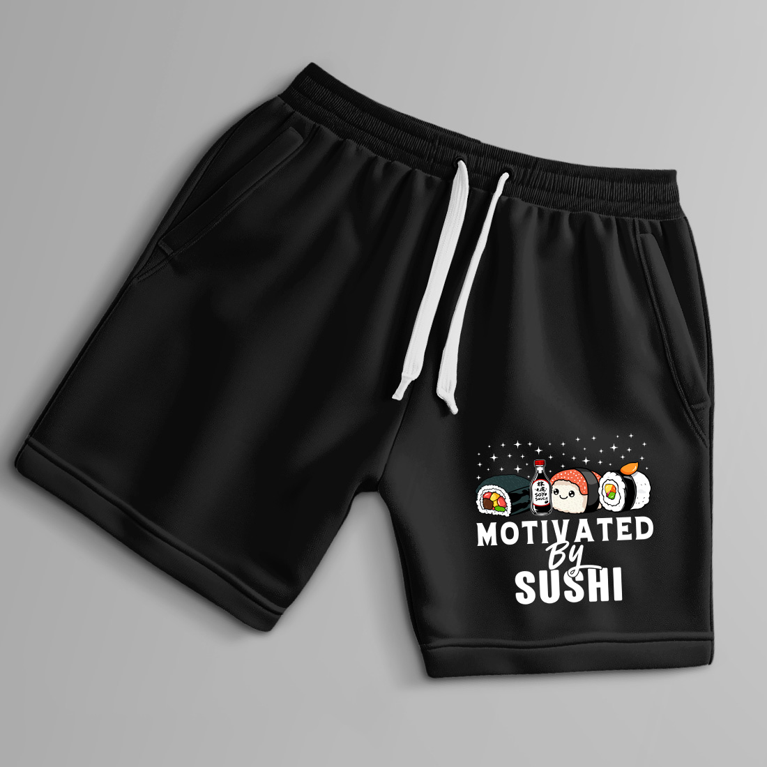 funny sushi t shirt design – motivated by sushi with cute rolls and soy sauce bottle 9 black shorts up 986