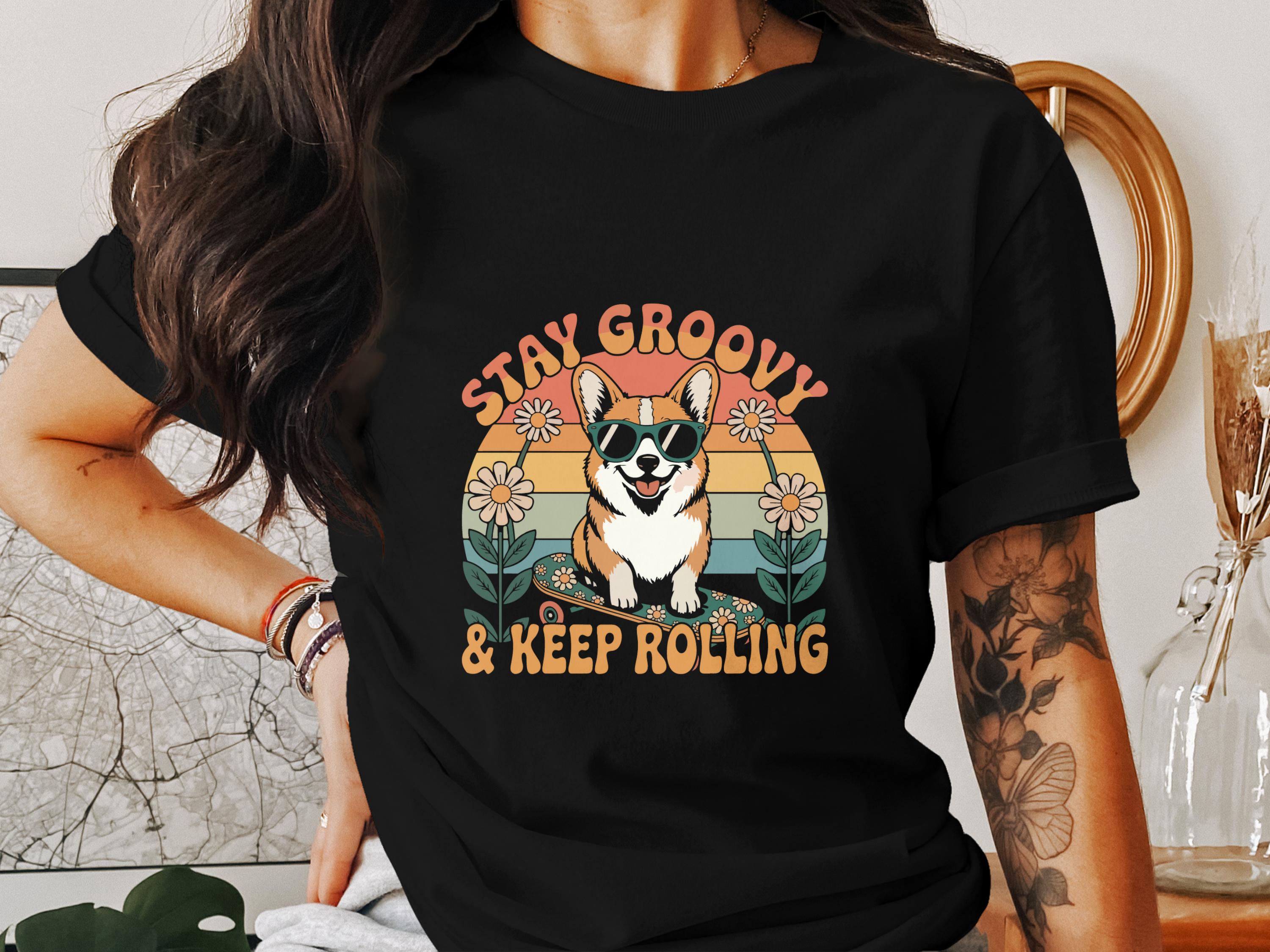 groovy retro corgi dog skateboarding with flowers 70s style happy vibe fun illustration 687