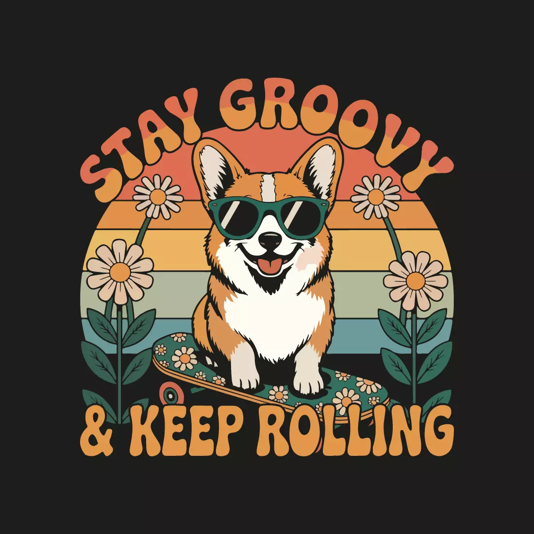 Groovy Retro Corgi Dog Skateboarding with Flowers; 70s Style, Happy Vibe, Fun Illustration cover image.