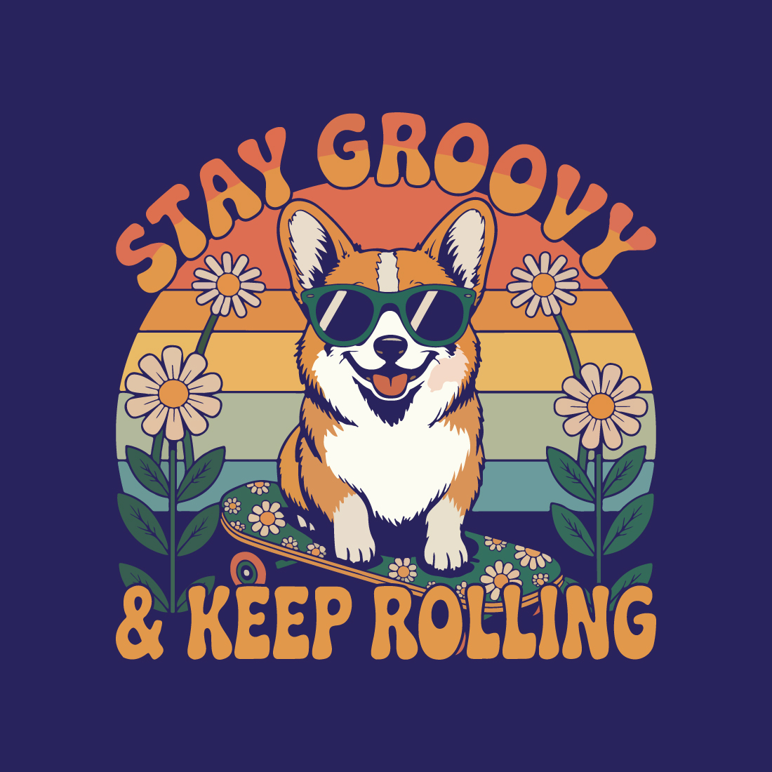groovy retro corgi dog skateboarding with flowers 70s style happy vibe fun illustration2 38