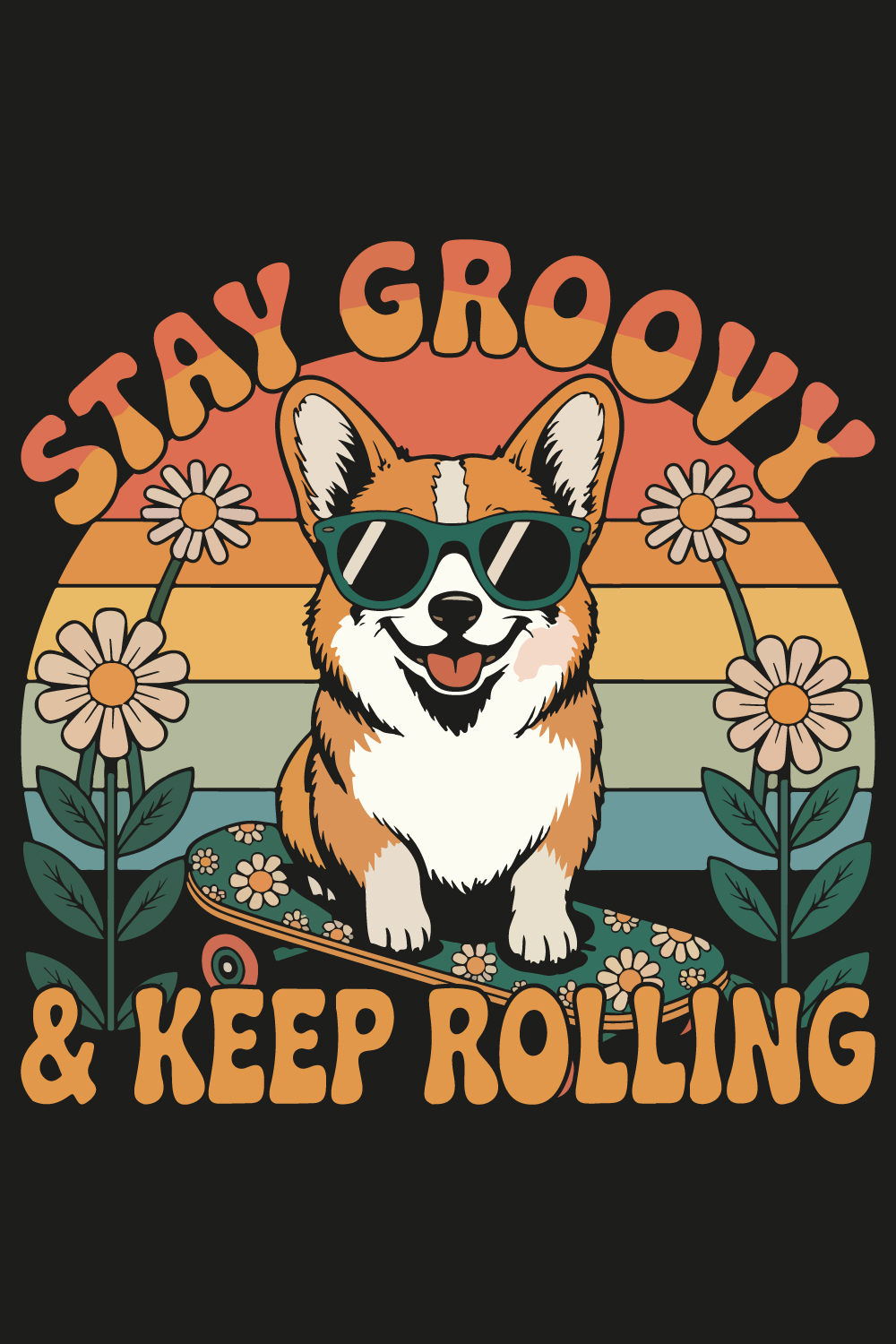 Groovy Retro Corgi Dog Skateboarding with Flowers; 70s Style, Happy Vibe, Fun Illustration pinterest preview image.