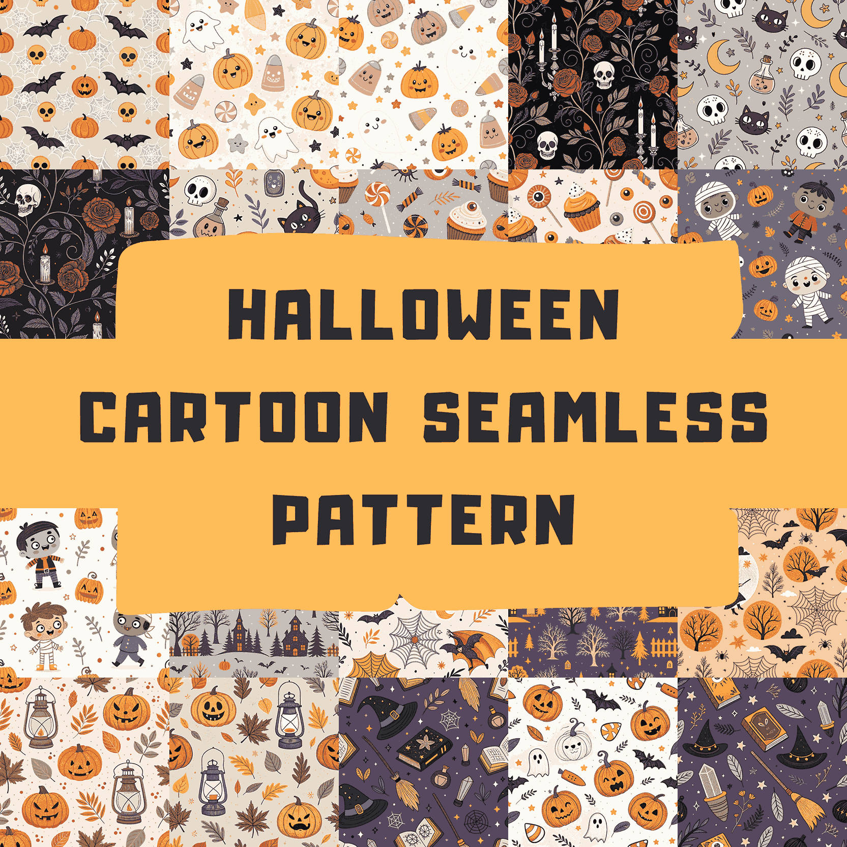 20 Seamless Patterns of Kids Halloween Cartoon preview image.