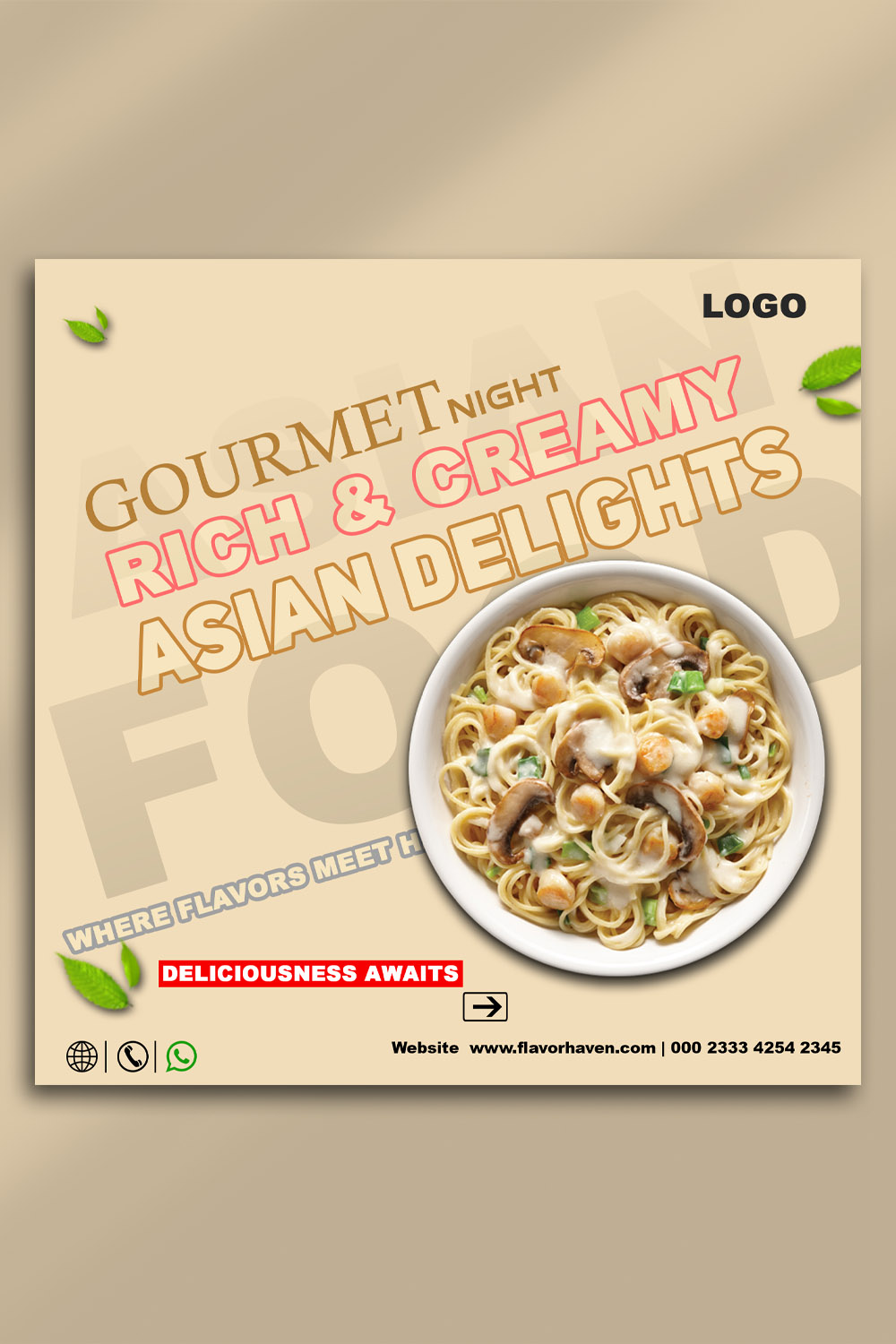 Gourmet Night Asian Food Social Media Post PSD Template | 2000x2000 px pinterest preview image.