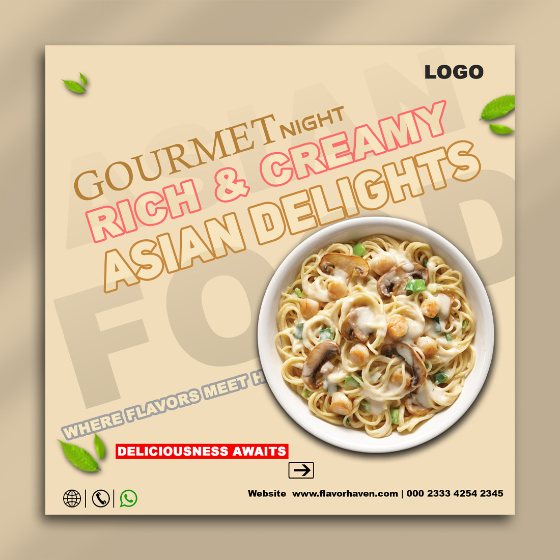 Gourmet Night Asian Food Social Media Post PSD Template | 2000x2000 px preview image.