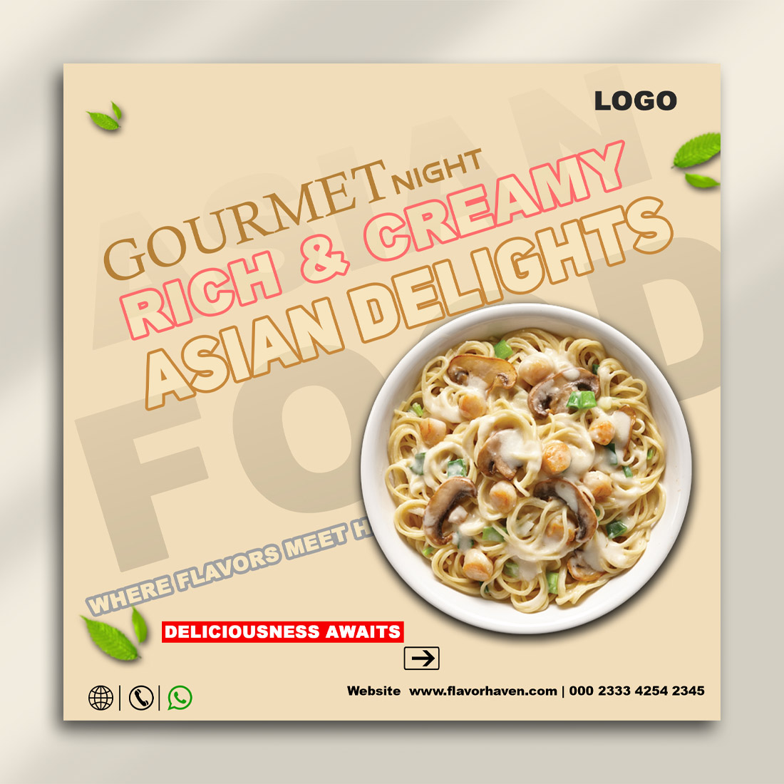 Gourmet Night Asian Food Social Media Post PSD Template | 2000x2000 px cover image.