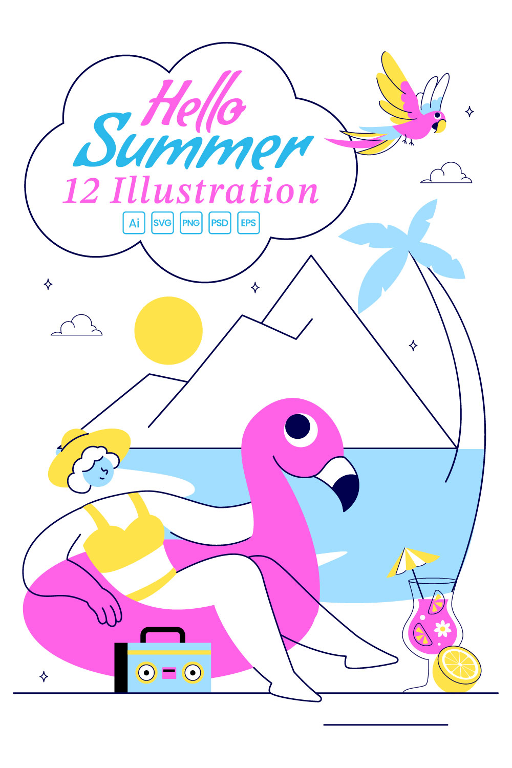 12 Hello Summer Illustration pinterest preview image.