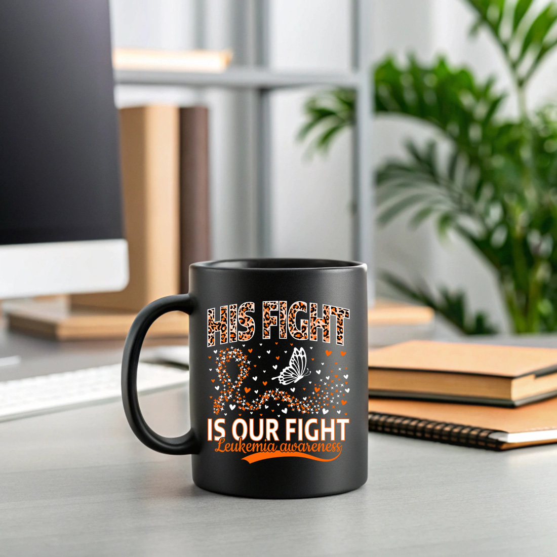 his fight is our fight leukemia awareness ribbon with hearts and butterfly design. graphic design. 2 black mug mock up 355