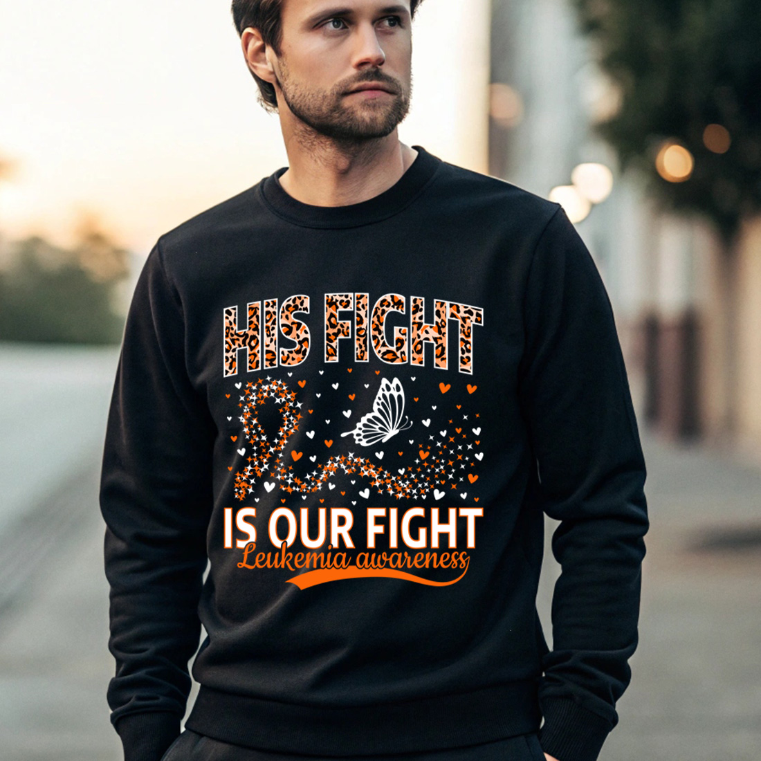 his fight is our fight leukemia awareness ribbon with hearts and butterfly design. graphic design. 4 black male sweatshirt mock up 440