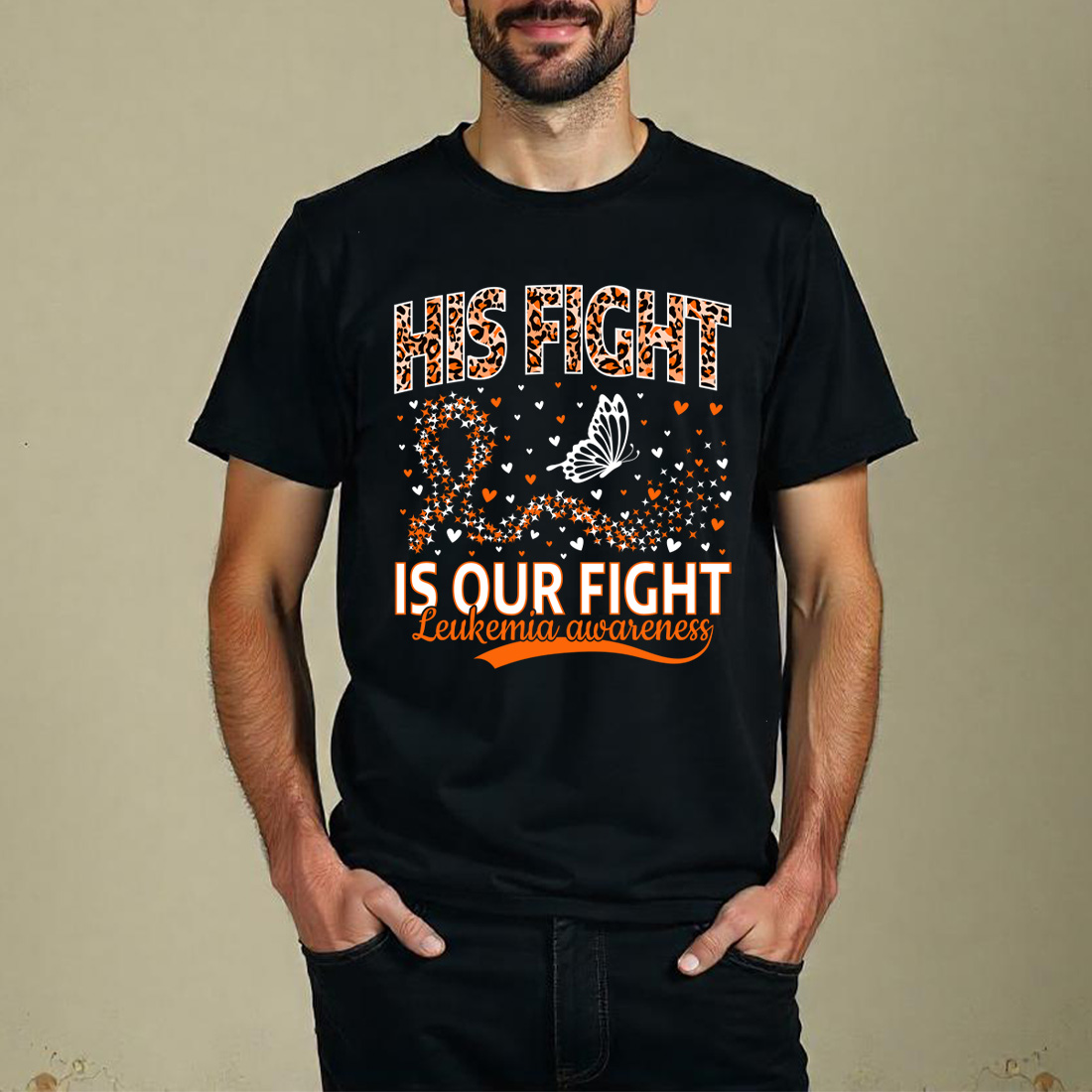his fight is our fight leukemia awareness ribbon with hearts and butterfly design. graphic design. 6 black t shirt mock up 968