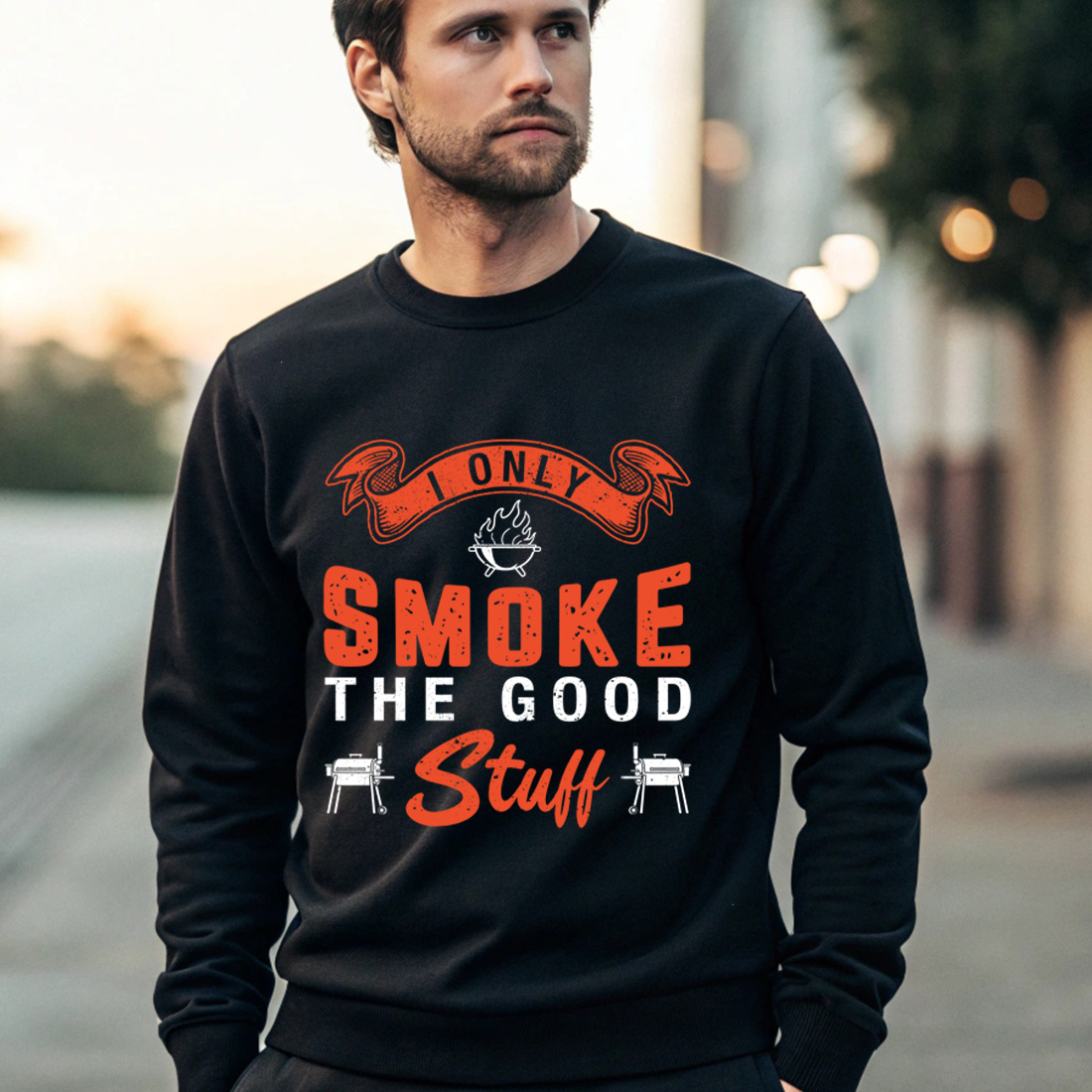 i only smoke the good stuff – vintage grilling quote for outdoor cooking lovers. bbq graphic design. 4 black male sweatshirt mock up 246