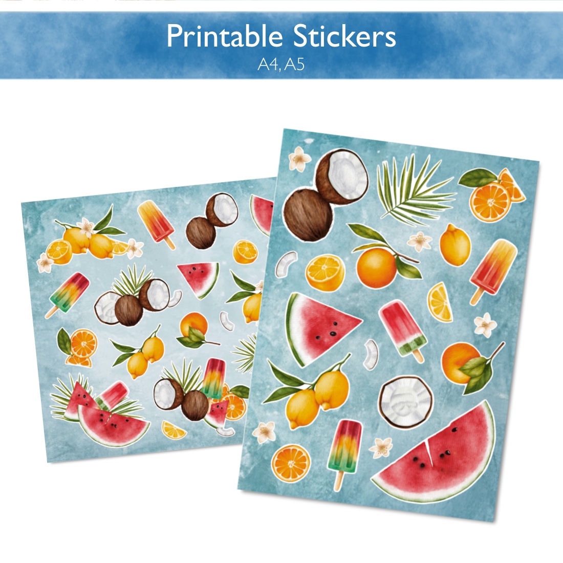 Tropical Summer Brush & Stamp Set for Procreate – Watercolor Clip Art & Frames preview image.