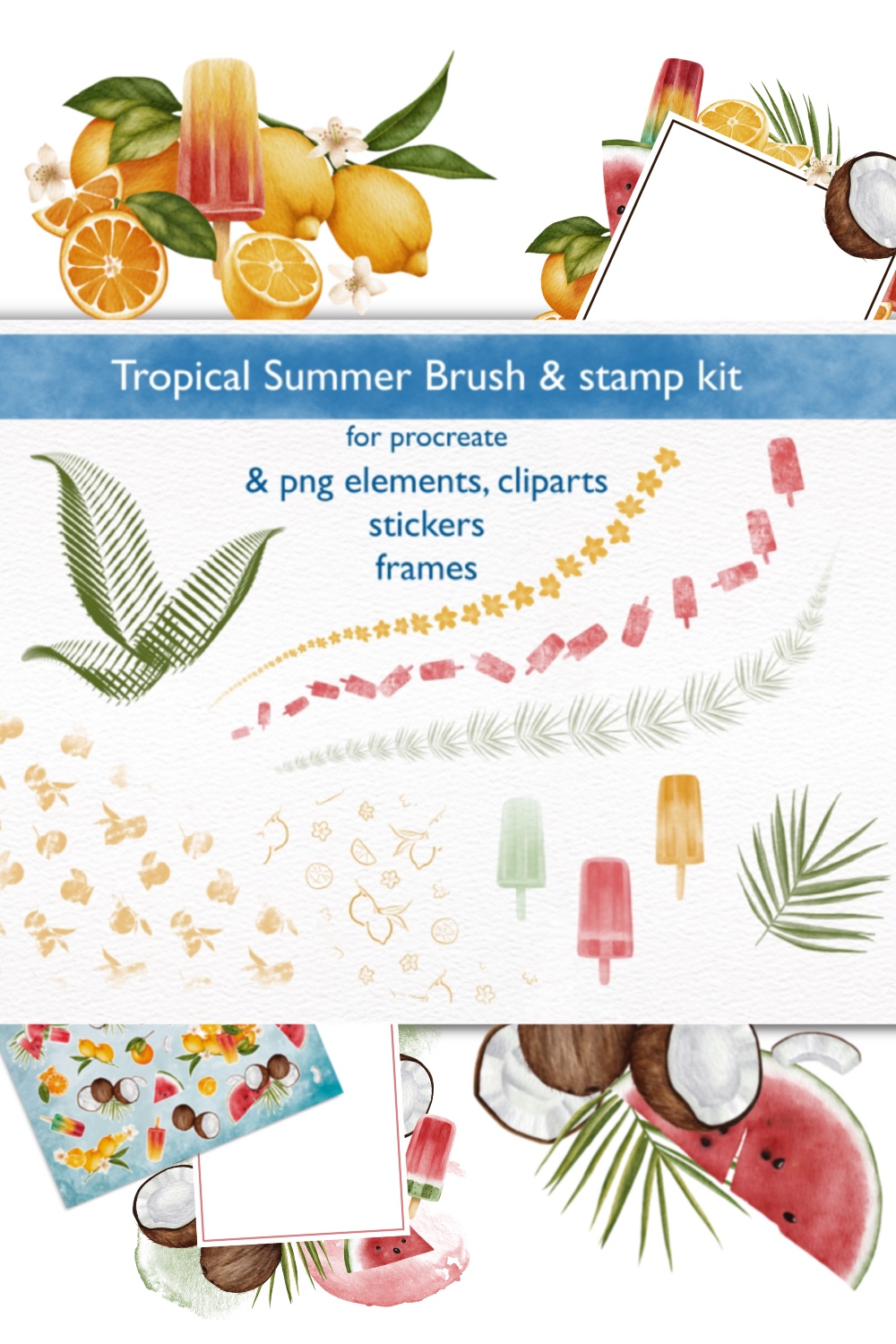 Tropical Summer Brush & Stamp Set for Procreate – Watercolor Clip Art & Frames pinterest preview image.