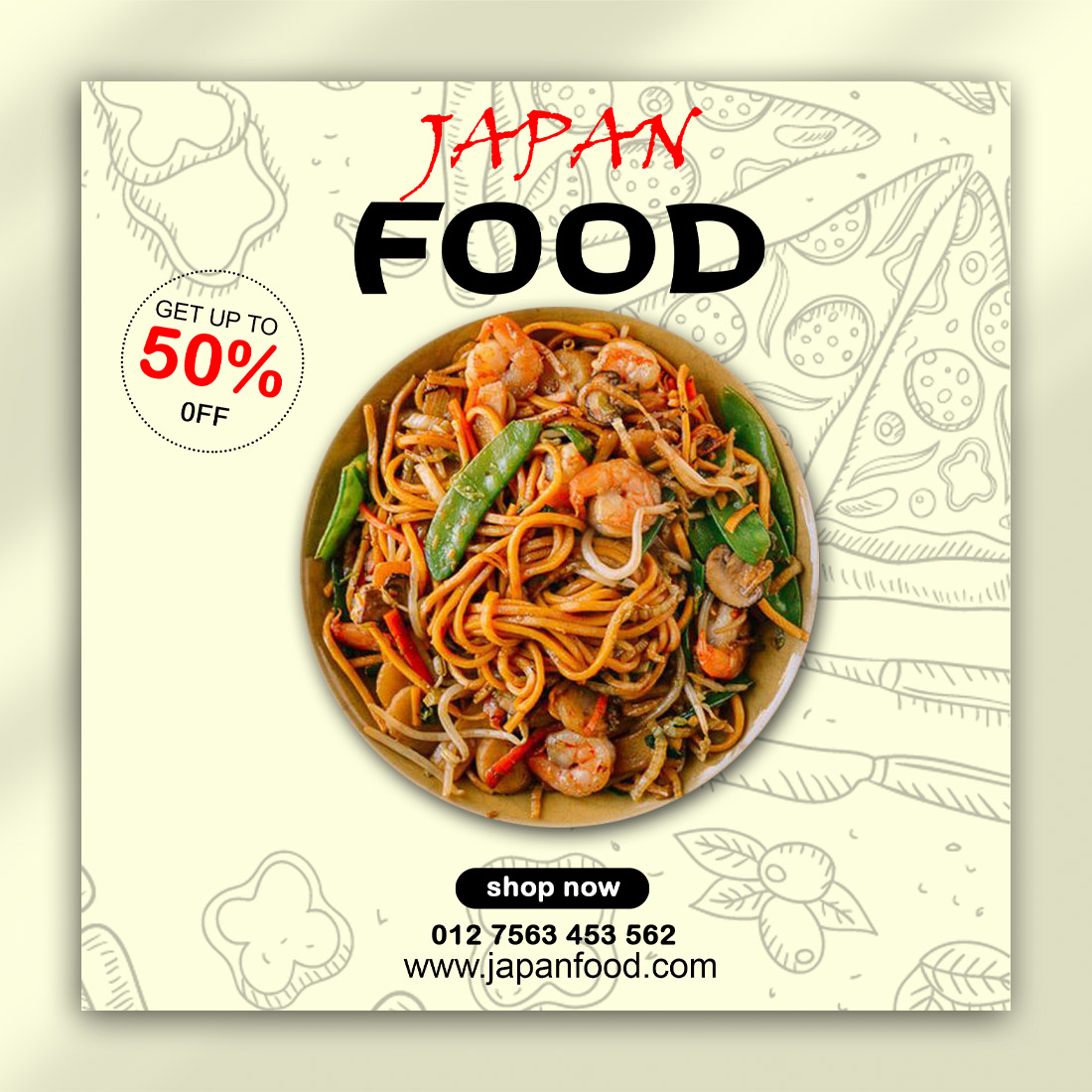 Japanese Food Social Media Post PSD Template | 2000x2000 px | Editable cover image.