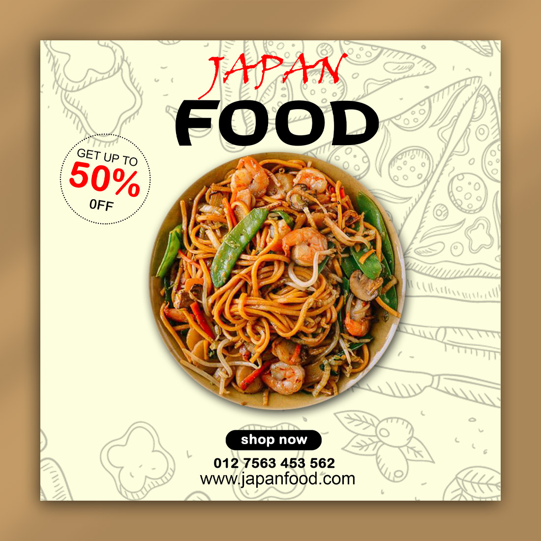 Japanese Food Social Media Post PSD Template | 2000x2000 px | Editable preview image.