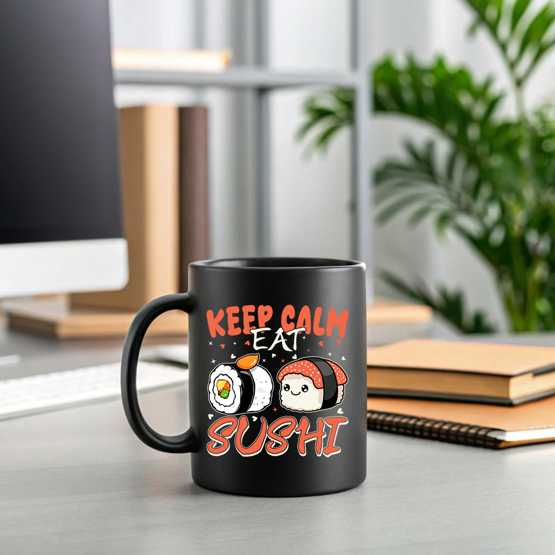japanese food inspired design for sushi lovers who enjoy cute and calm vibes. graphic design. 2 black mug mock up 9