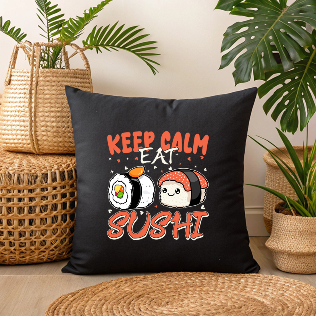 japanese food inspired design for sushi lovers who enjoy cute and calm vibes. graphic design. 3 black pillow mock up 599
