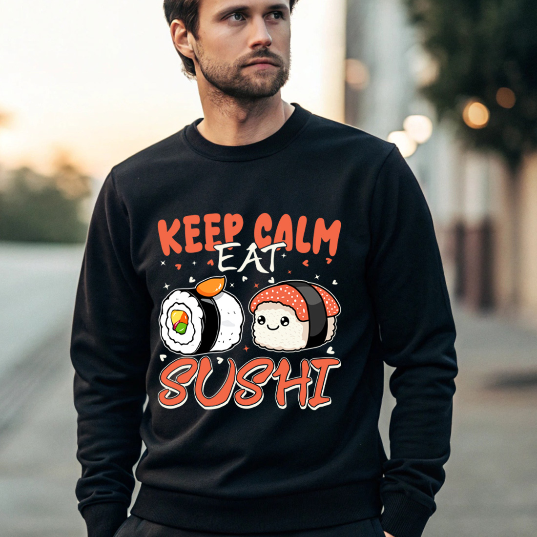 japanese food inspired design for sushi lovers who enjoy cute and calm vibes. graphic design. 4 black male sweatshirt mock up 61