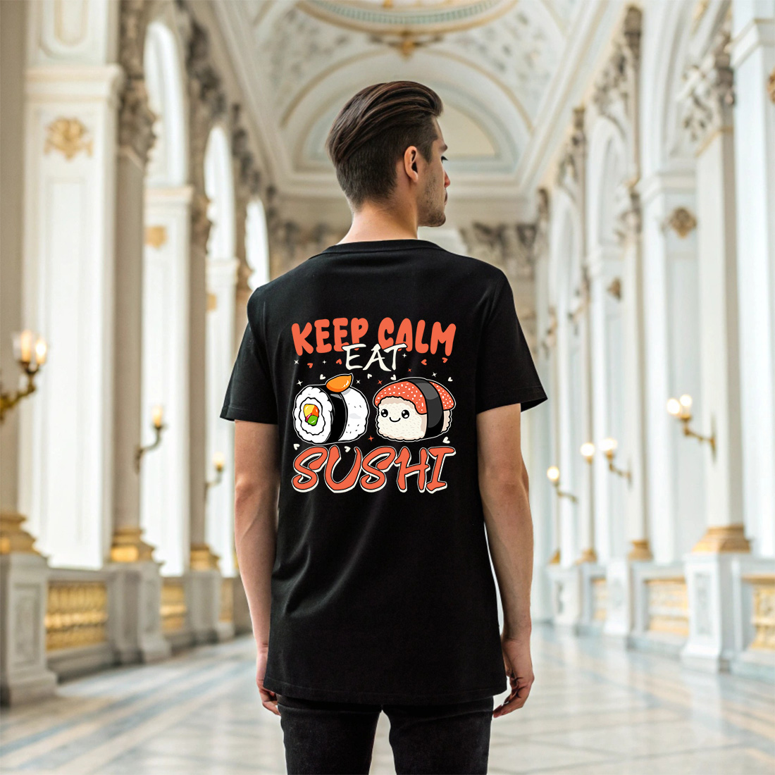 japanese food inspired design for sushi lovers who enjoy cute and calm vibes. graphic design. 6 black t shirt mock up 323