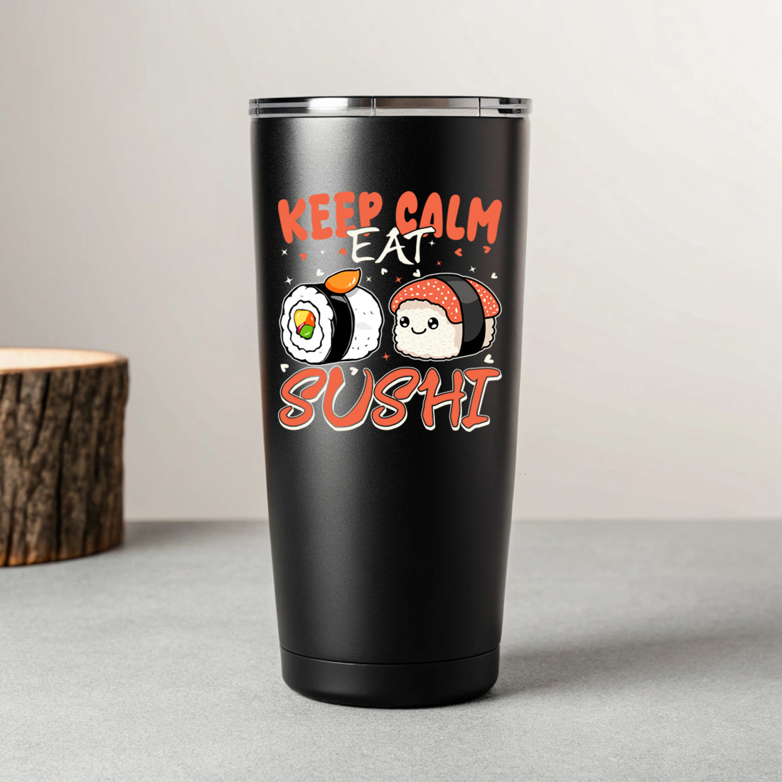 japanese food inspired design for sushi lovers who enjoy cute and calm vibes. graphic design. 8 black tumblers mockup 941