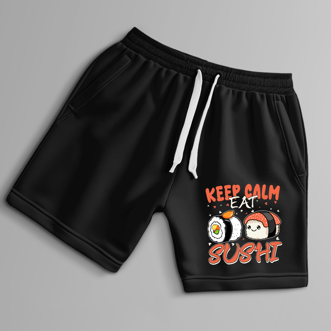 japanese food inspired design for sushi lovers who enjoy cute and calm vibes. graphic design. 9 black shorts up 458