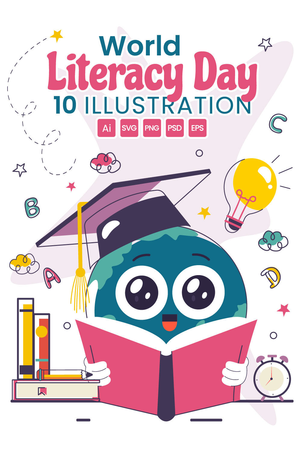 10 World Literacy Day Illustration pinterest preview image.